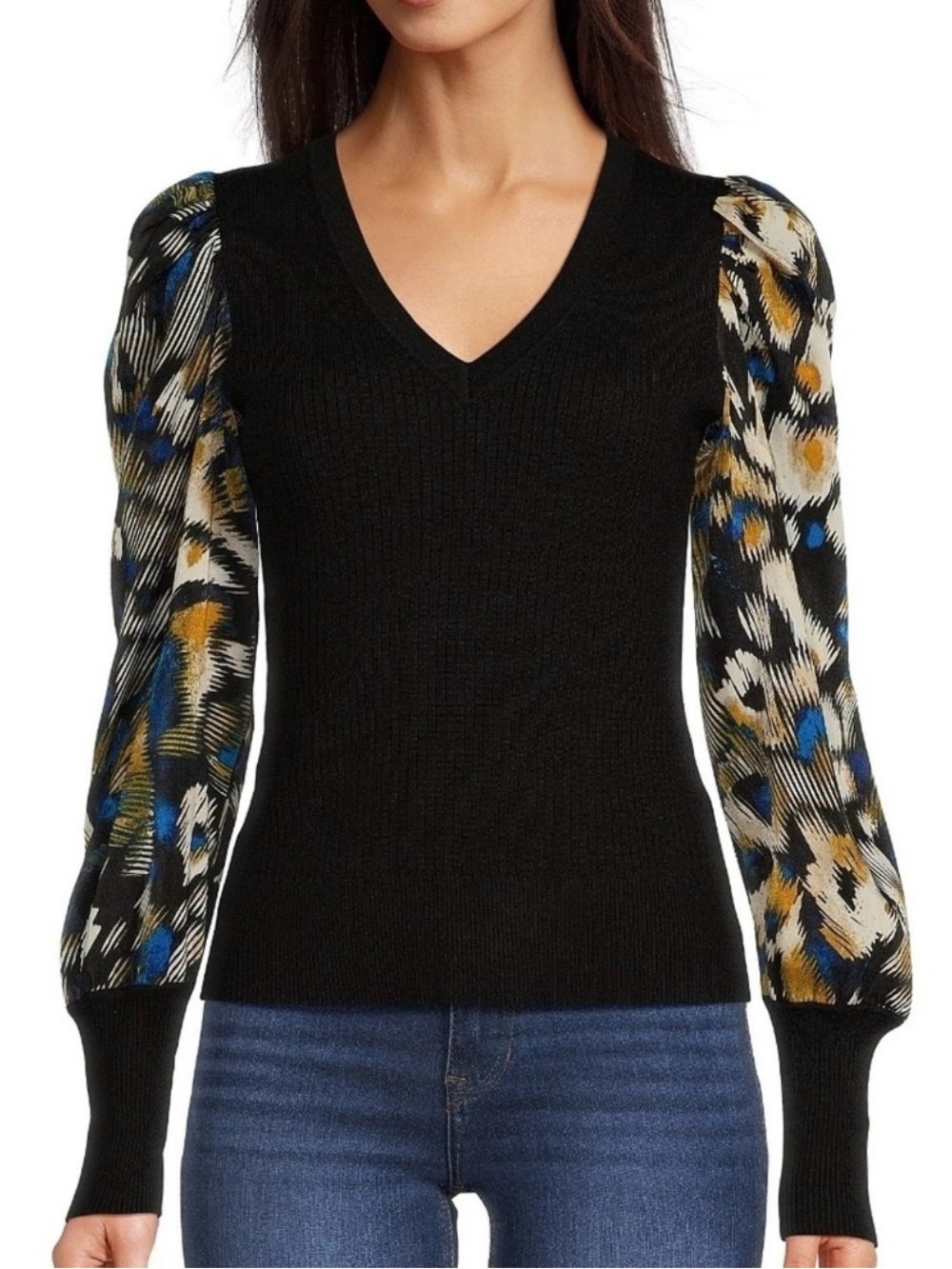 DKNY - mixed media Black V-Neck Sweater with Printed Puff Sleeves Sz L